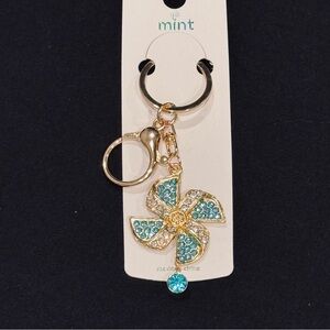 BAG CHARM Mint Blue and Clear Sparkling Gold Pinwheel Dangle Crystal Keychain